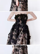 NEWYORKLISTED STYLE COLLECTION: Black floral dress with sheer overlay on a white background
