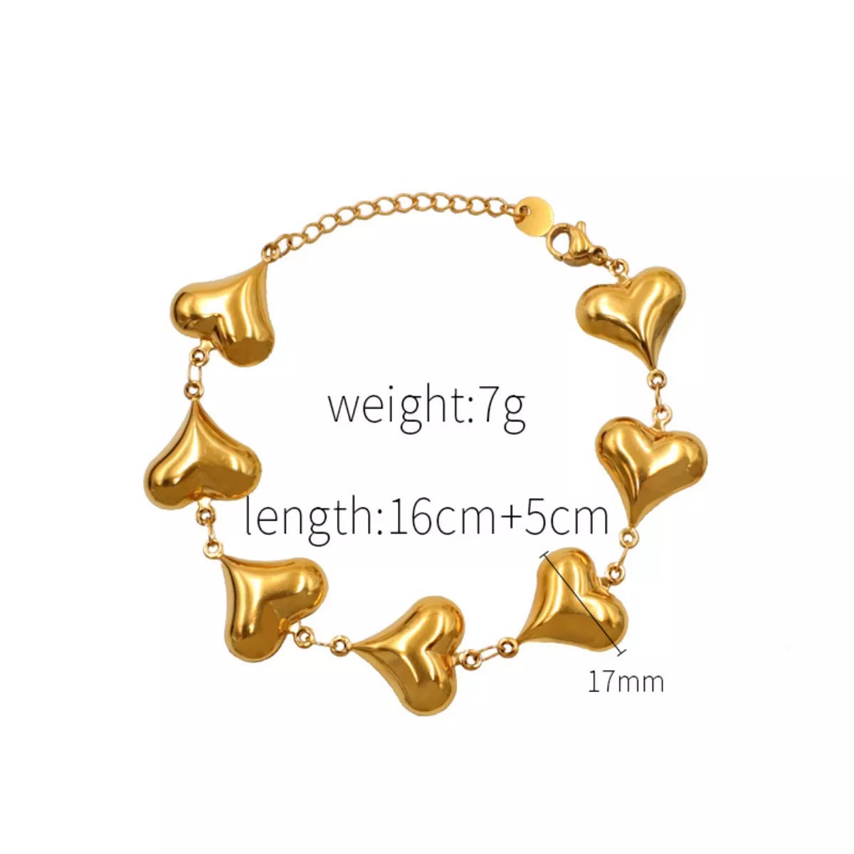 NYLD Glamour Collection by NEWYORKLISTED: Gold heart-shaped bracelet with measurements on a white background
