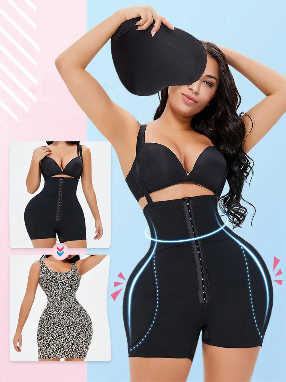 NEWYORKLISTED Intimate Apparel: Woman wearing a black shapewear bodysuit with inset images on a light blue background