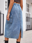 Slit Buttoned Denim Skirt with Pockets - NEWYORKLISTED