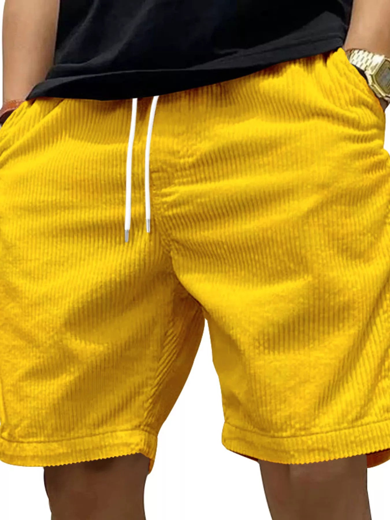 NEWYORKLISTED ATLAS MEN'S COLLECTION: Yellow shorts with a white drawstring on a plain background