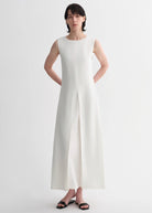 Mulberry Silk Sleeveless Round Neck Oblique Pleated A-Line White Dress - NEWYORKLISTED