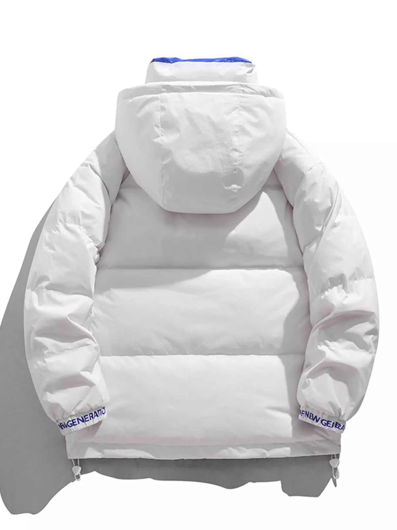 NEWYORKLISTED ATLAS MEN’S COLLECTION: White puffer jacket with brand logos on a white background