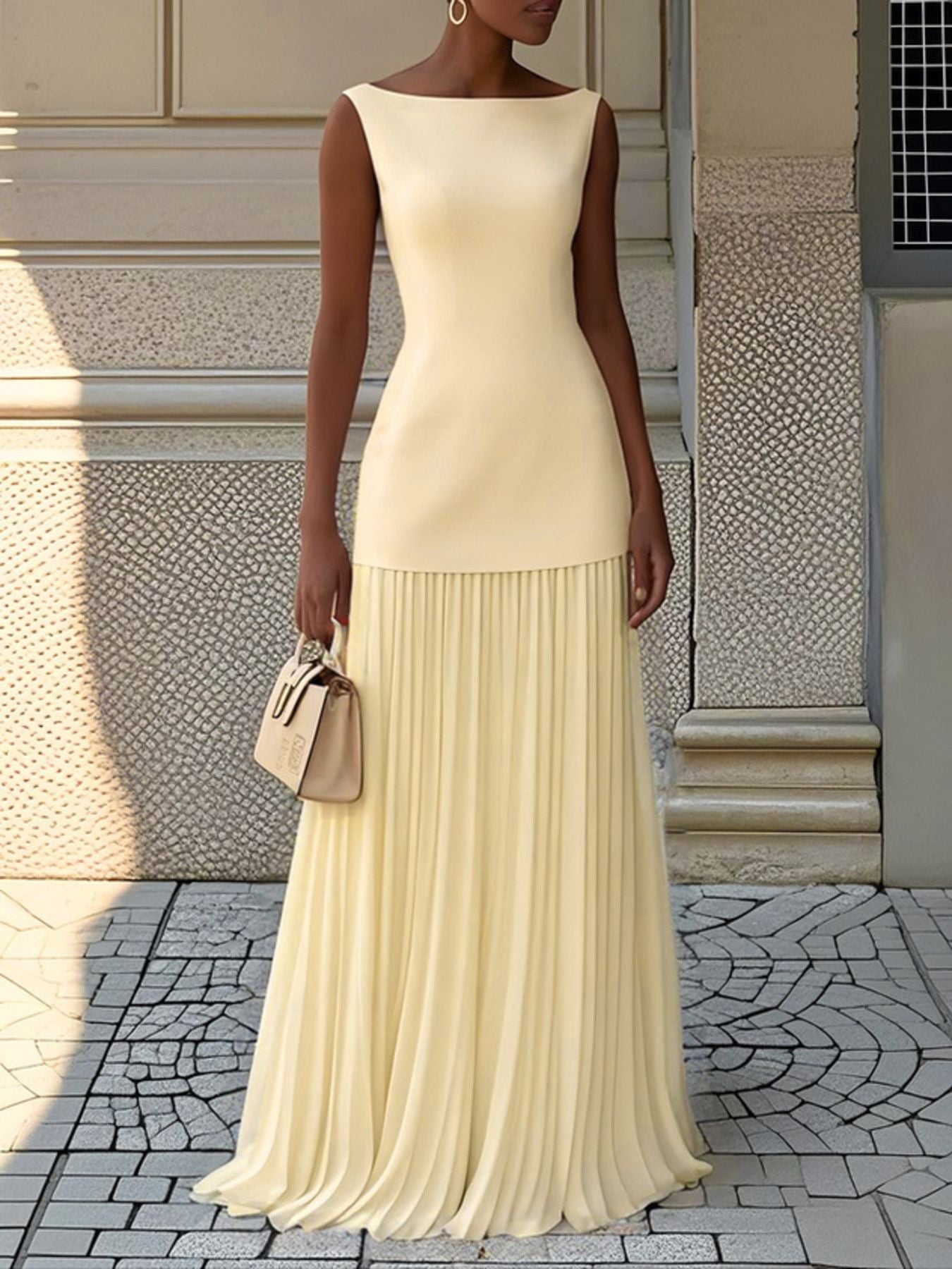 NEWYORKLISTED STYLE COLLECTION: Woman in a long beige dress standing on a stone pavement.