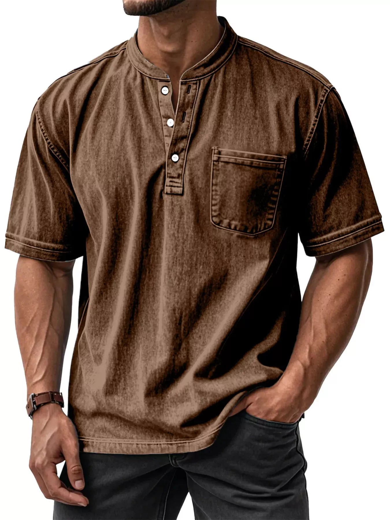 NEWYORKLISTED ATLAS MEN'S COLLECTION: Brown short-sleeve shirt worn by a person on a white background