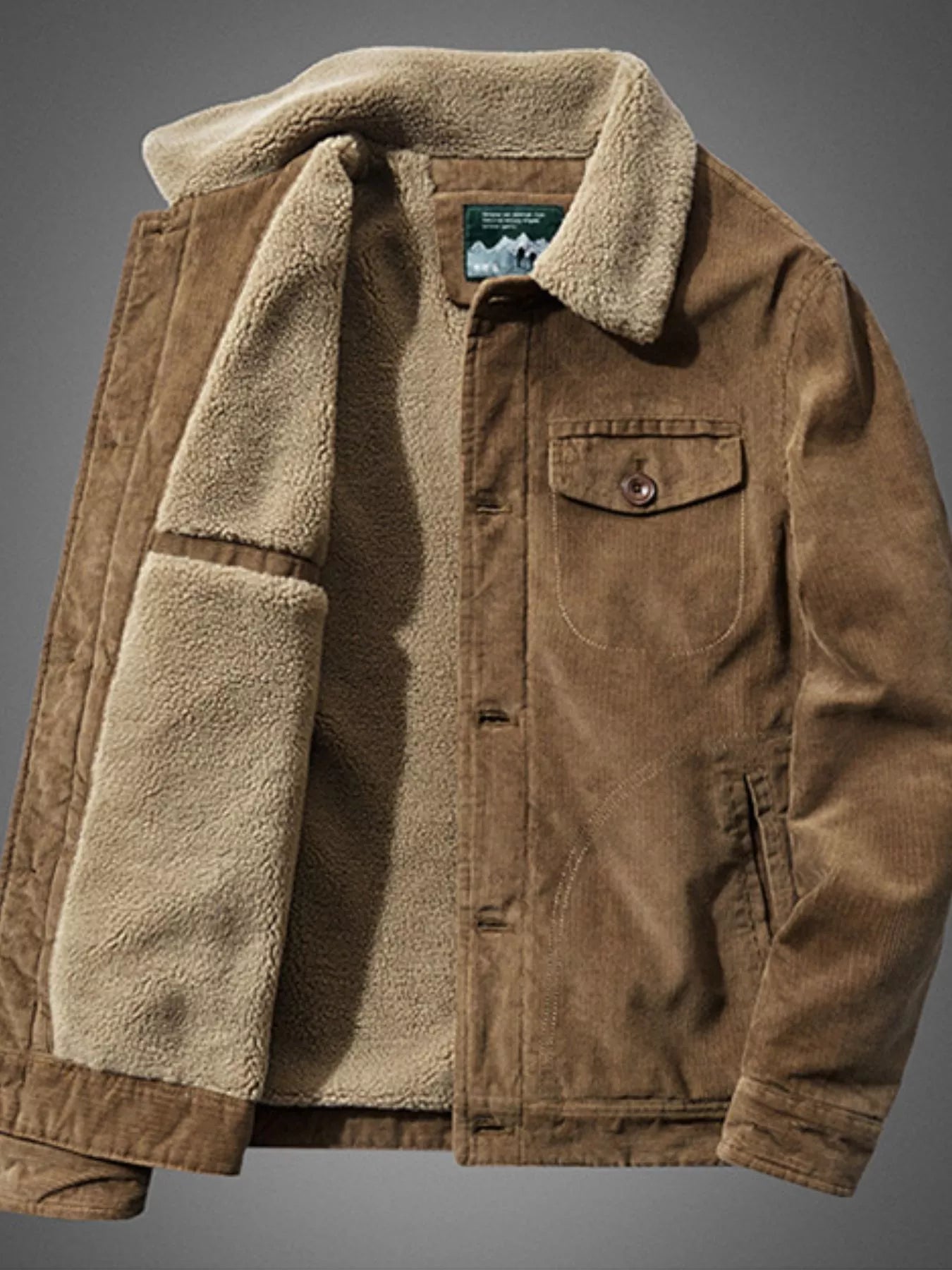 NEWYORKLISTED ATLAS MEN'S COLLECTION: Brown jacket with beige fleece lining on a gray background