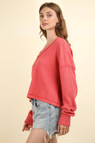 NEWYORKLISTED STYLE COLLECTION: Exposed Seam V-Neck Ribbed Knit Top - NEWYORKLISTED