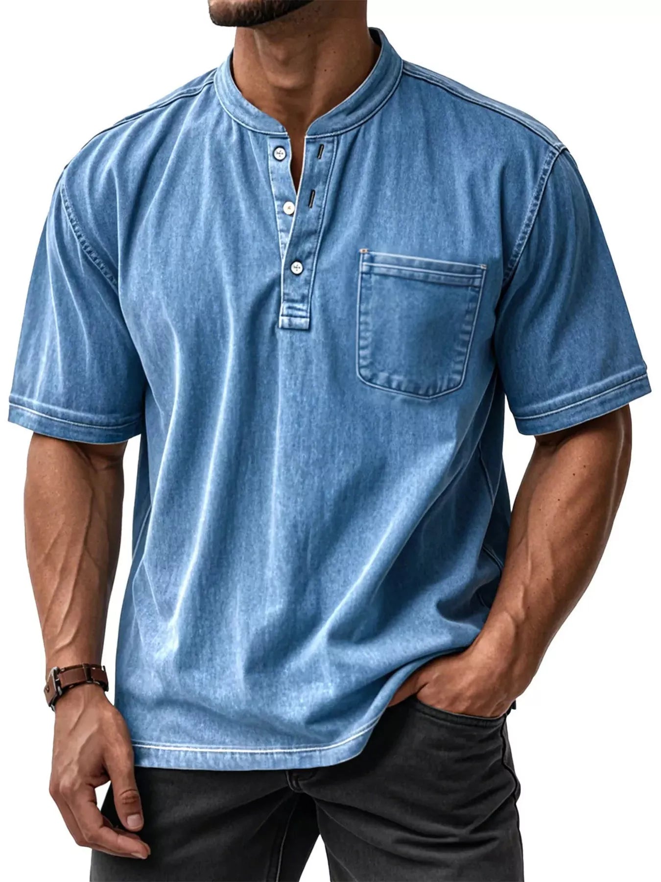 NEWYORKLISTED ATLAS MEN'S COLLECTION: Man wearing a blue denim shirt with a pocket on a white background