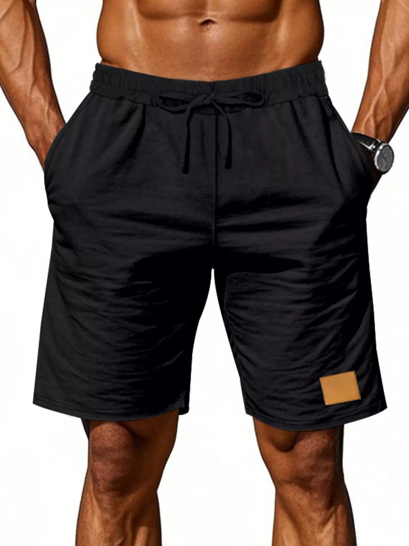 NEWYORKLISTED ATLAS MEN'S COLLECTION: Black shorts with a drawstring on a plain background