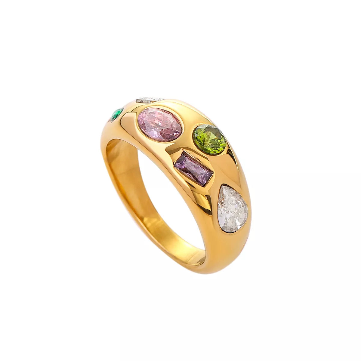 NYLD Glamour Collection by NEWYORKLISTED: Gold ring with colorful gemstones on a white background