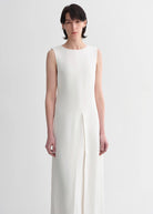 Mulberry Silk Sleeveless Round Neck Oblique Pleated A-Line White Dress - NEWYORKLISTED