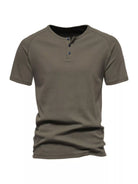 NEWYORKLISTED ATLAS MEN'S COLLECTION: Brown short-sleeve henley shirt on a white background