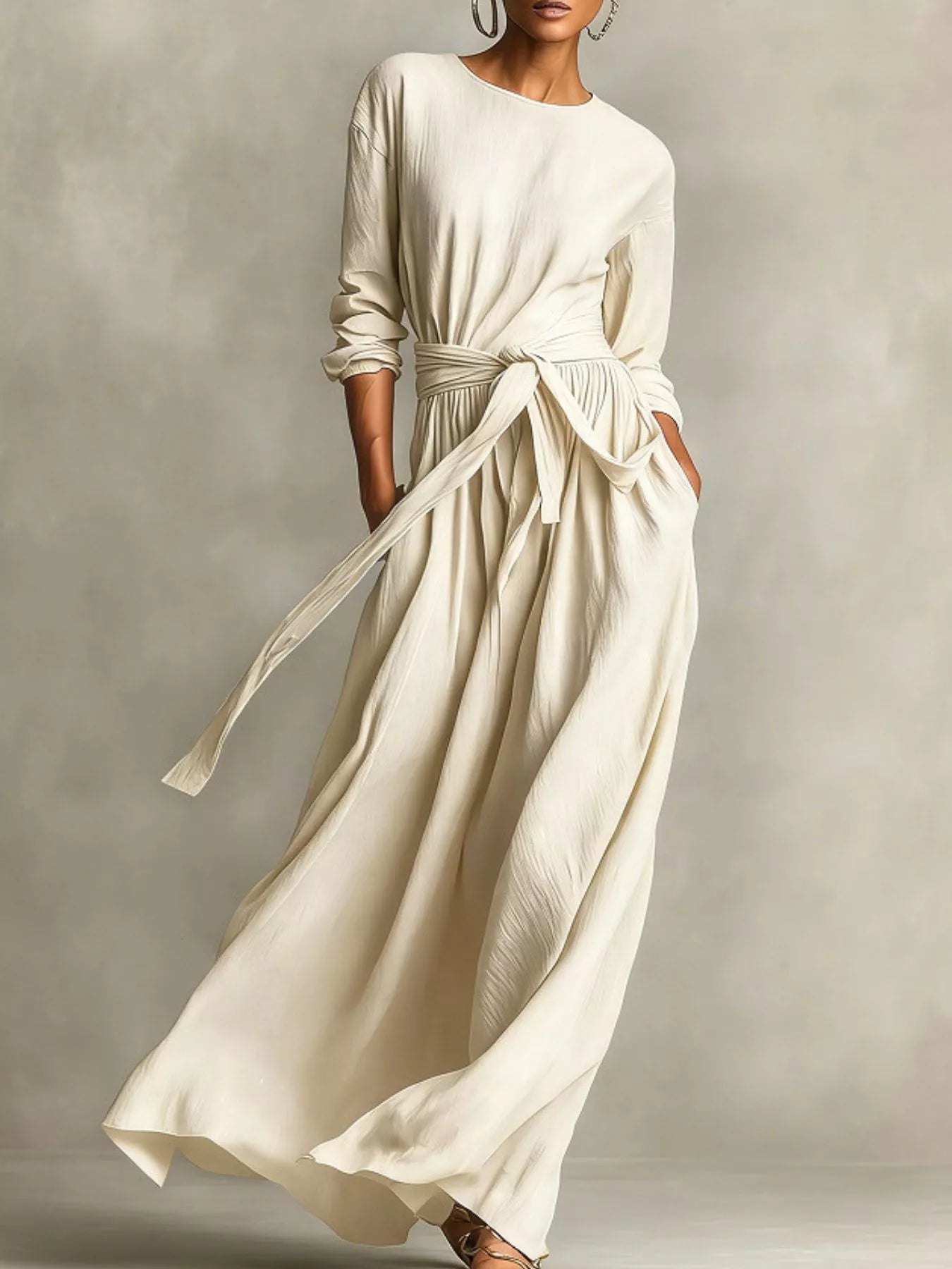 NEWYORKLISTED STYLE COLLECTION: Woman wearing a long, flowing white dress against a neutral background