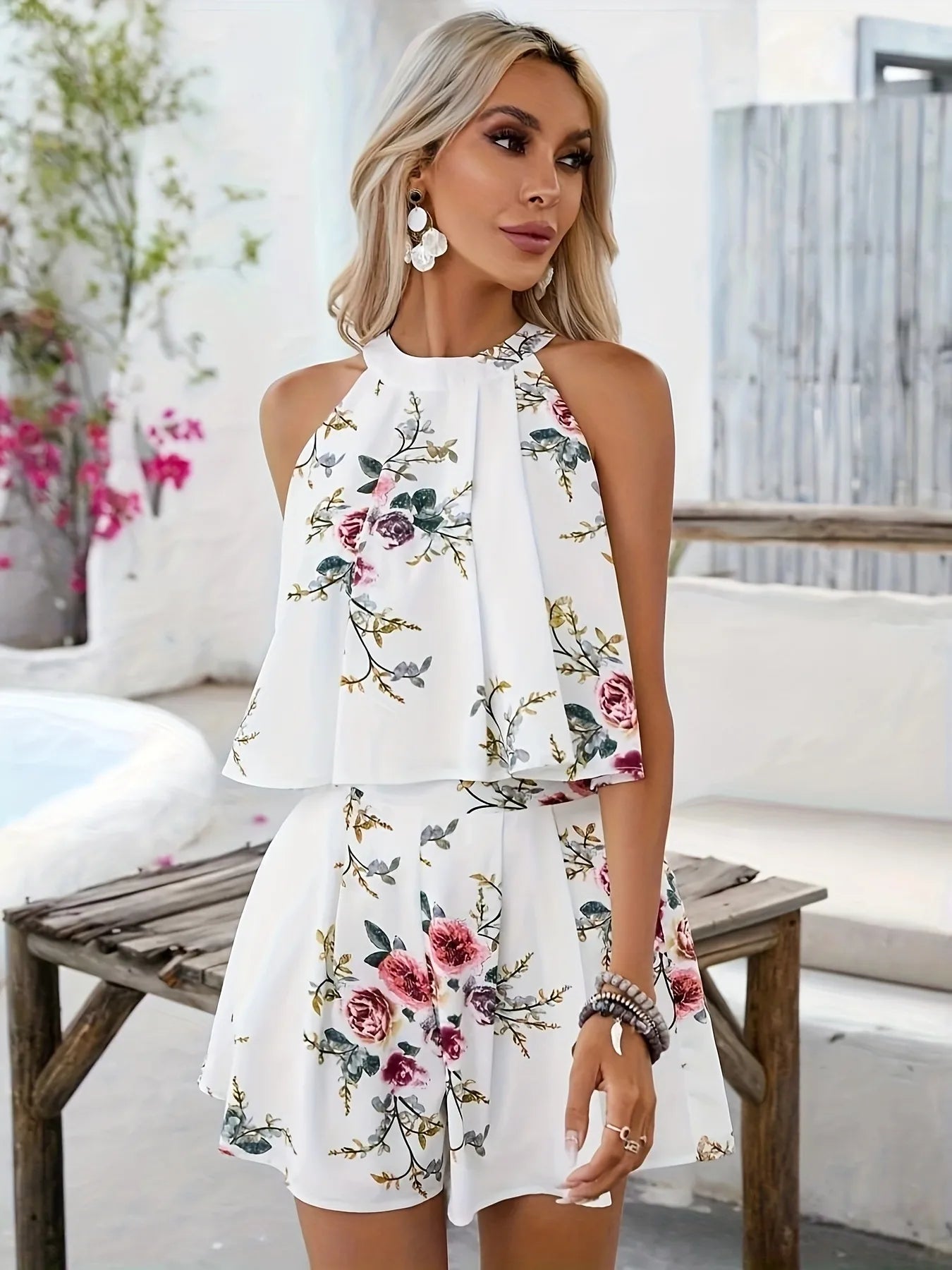 NEWYORKLISTED STYLE COLLECTION: Floral Print Halter Neck Top and Shorts Two-Piece Summer Set