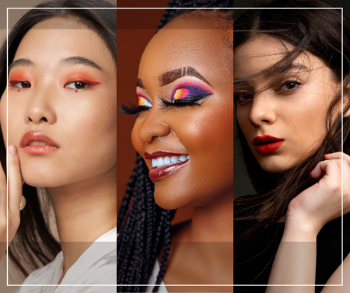Three women with different makeup styles in a collage format.