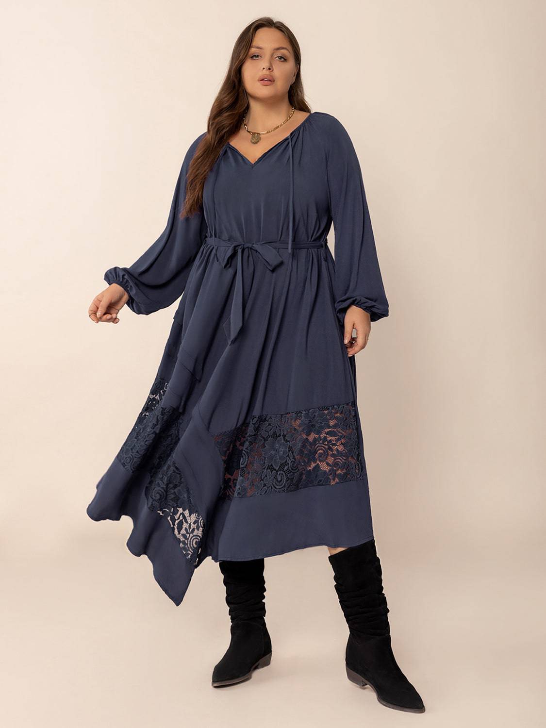 Plus Size Lace Detail Tie Neck Long Sleeve Midi Dress - NEWYORKLISTED