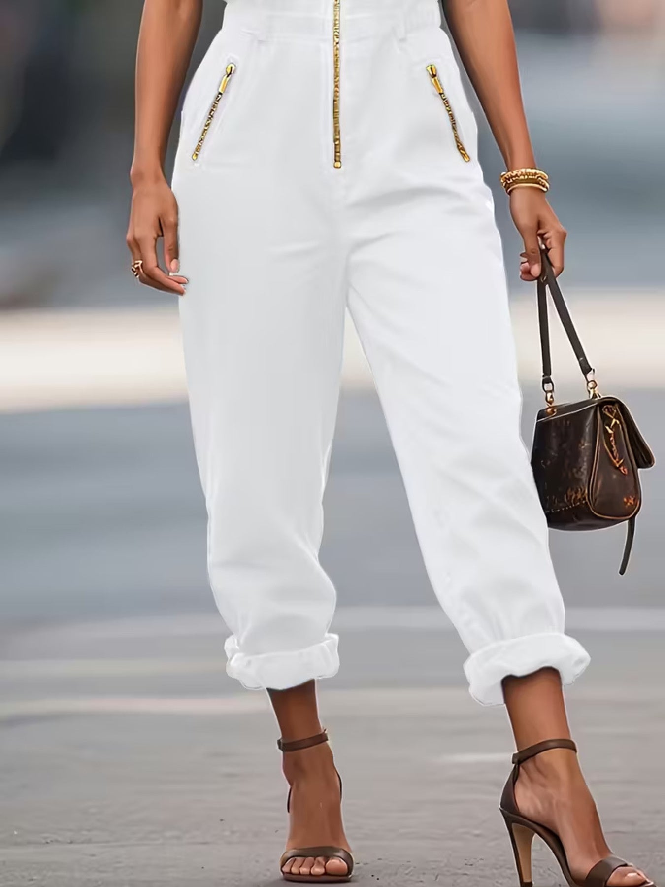 NEWYORKLISTED STYLE COLLECTION: Person wearing white pants with gold zippers, holding a brown handbag on a blurred street background