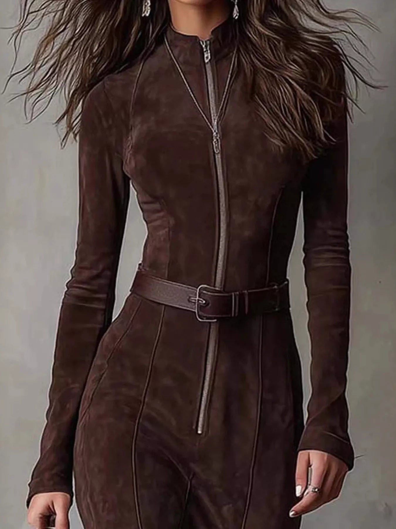 NEWYORKLISTED STYLE COLLECTION: Brown suede jumpsuit worn by a person against a neutral background