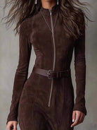 NEWYORKLISTED STYLE COLLECTION: Brown suede jumpsuit worn by a person against a neutral background