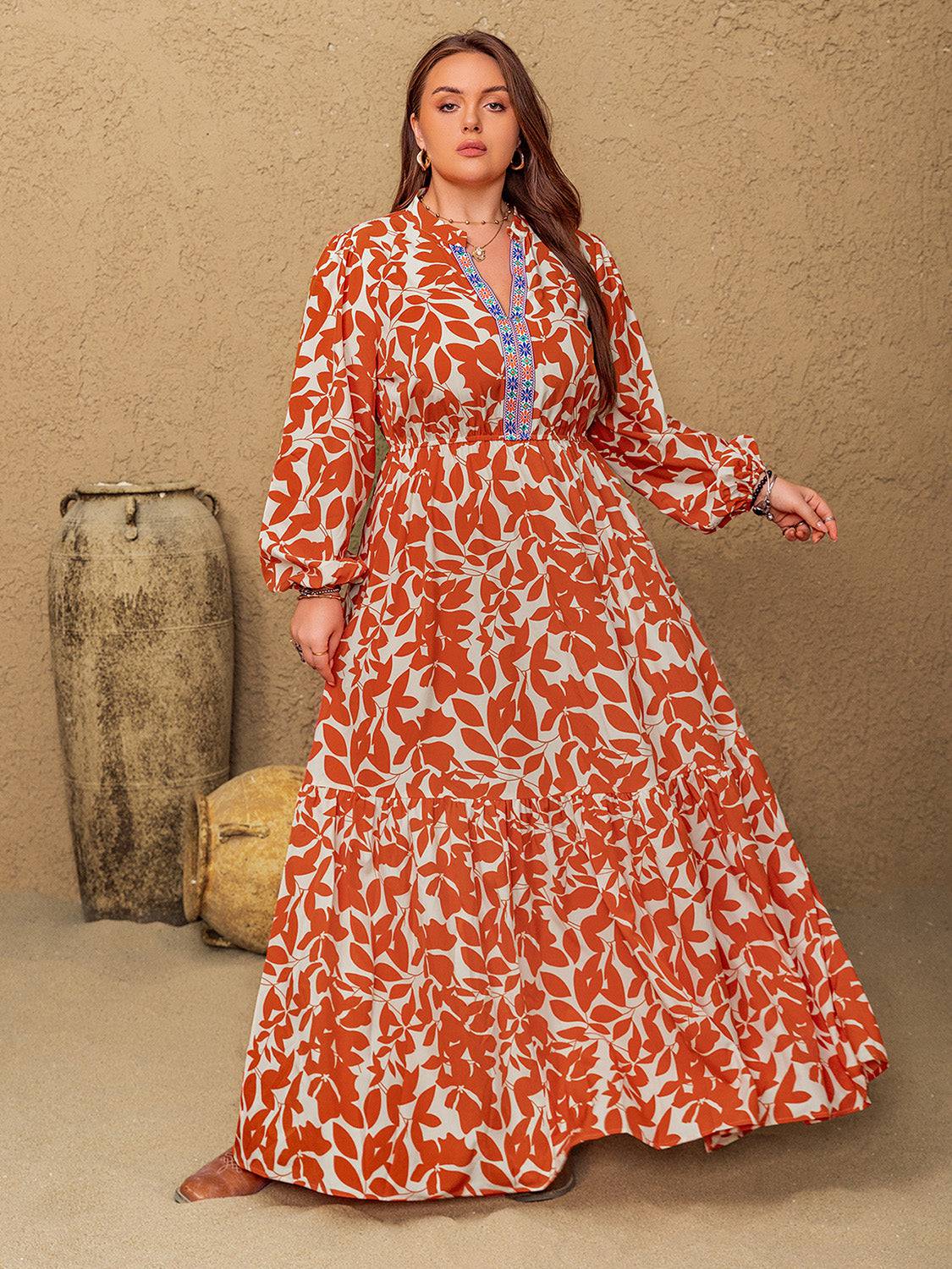 Plus Size Printed Notched Long Sleeve Maxi Dress - NEWYORKLISTED