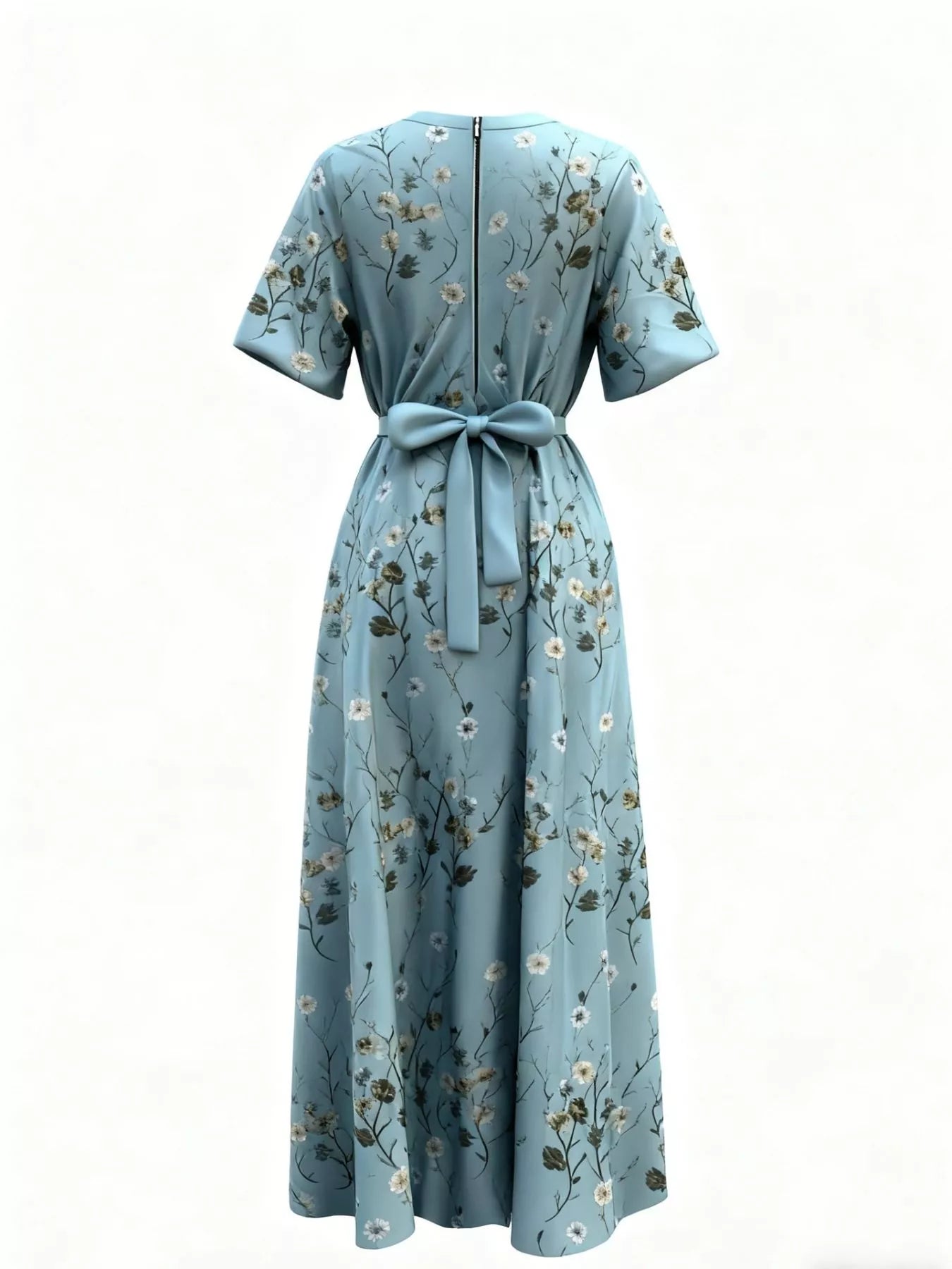 NEWYORKLISTED STYLE COLLECTION: Light blue floral dress with a belt on a white background