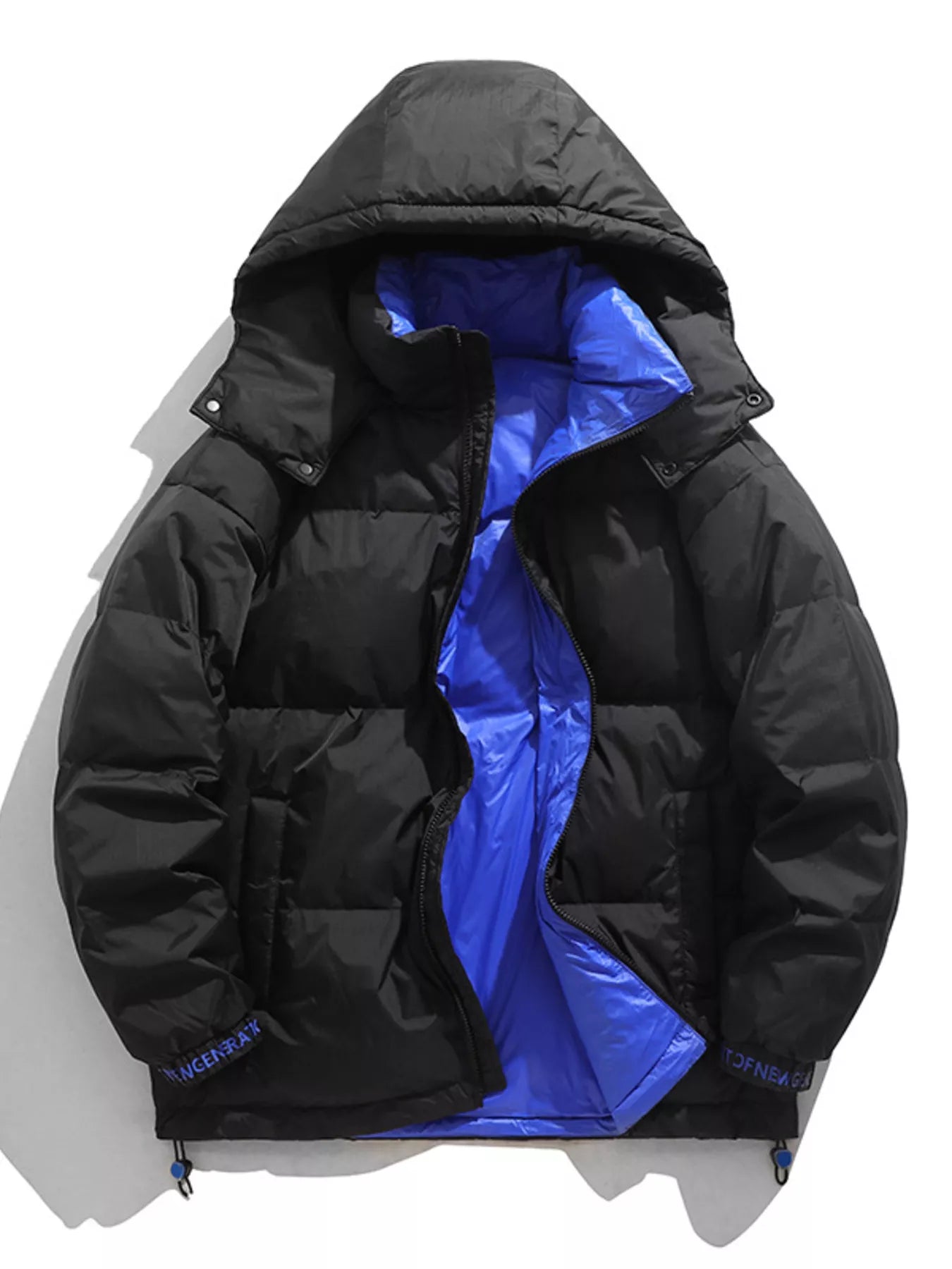 NEWYORKLISTED ATLAS MEN’S COLLECTION: Black puffer jacket with blue interior on a white background