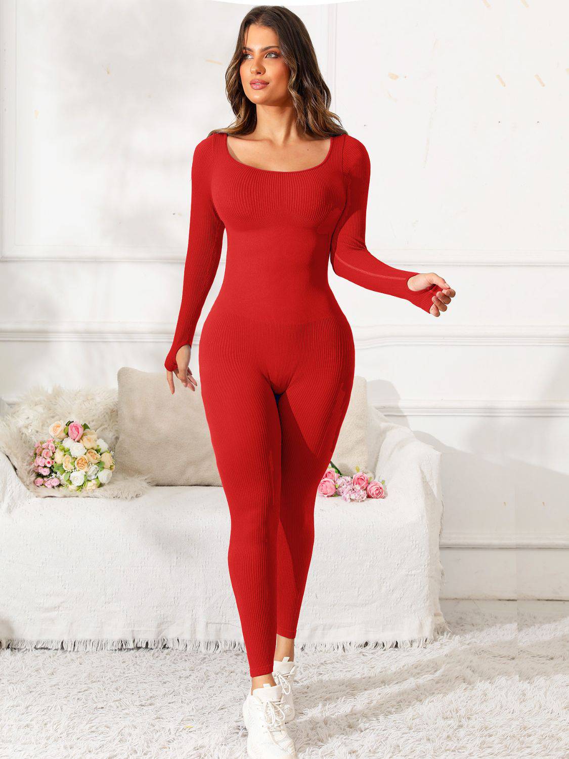 Scoop Neck Long Sleeve Active Jumpsuit - NEWYORKLISTED
