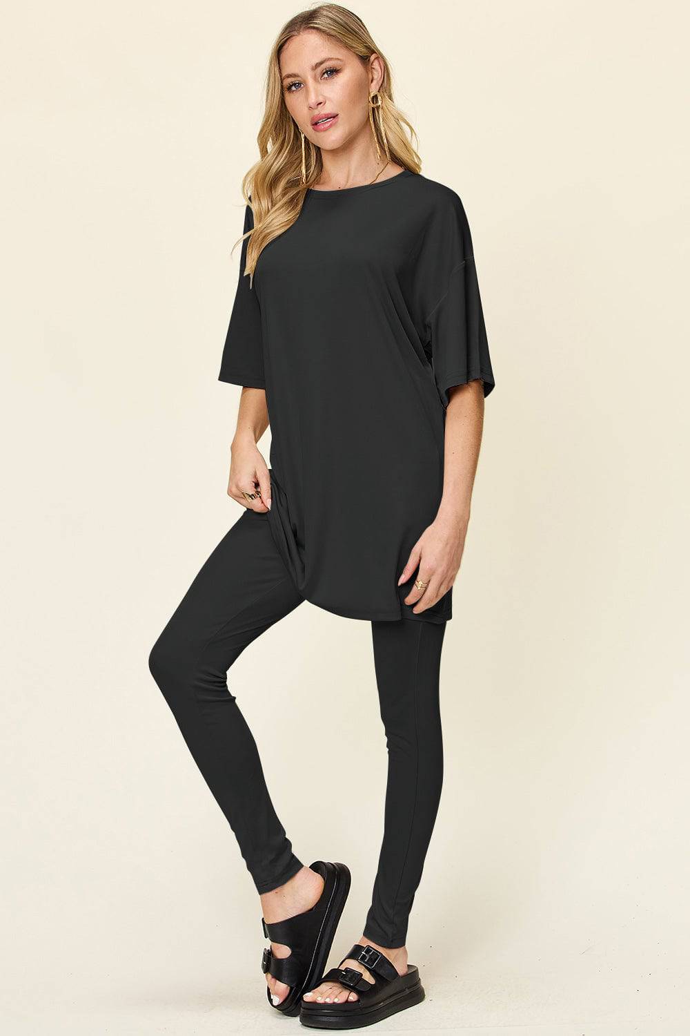 NEWYORKLISTED STYLE COLLECTION:  Round Neck Dropped Shoulder T-Shirt and Leggings Set - NEWYORKLISTED