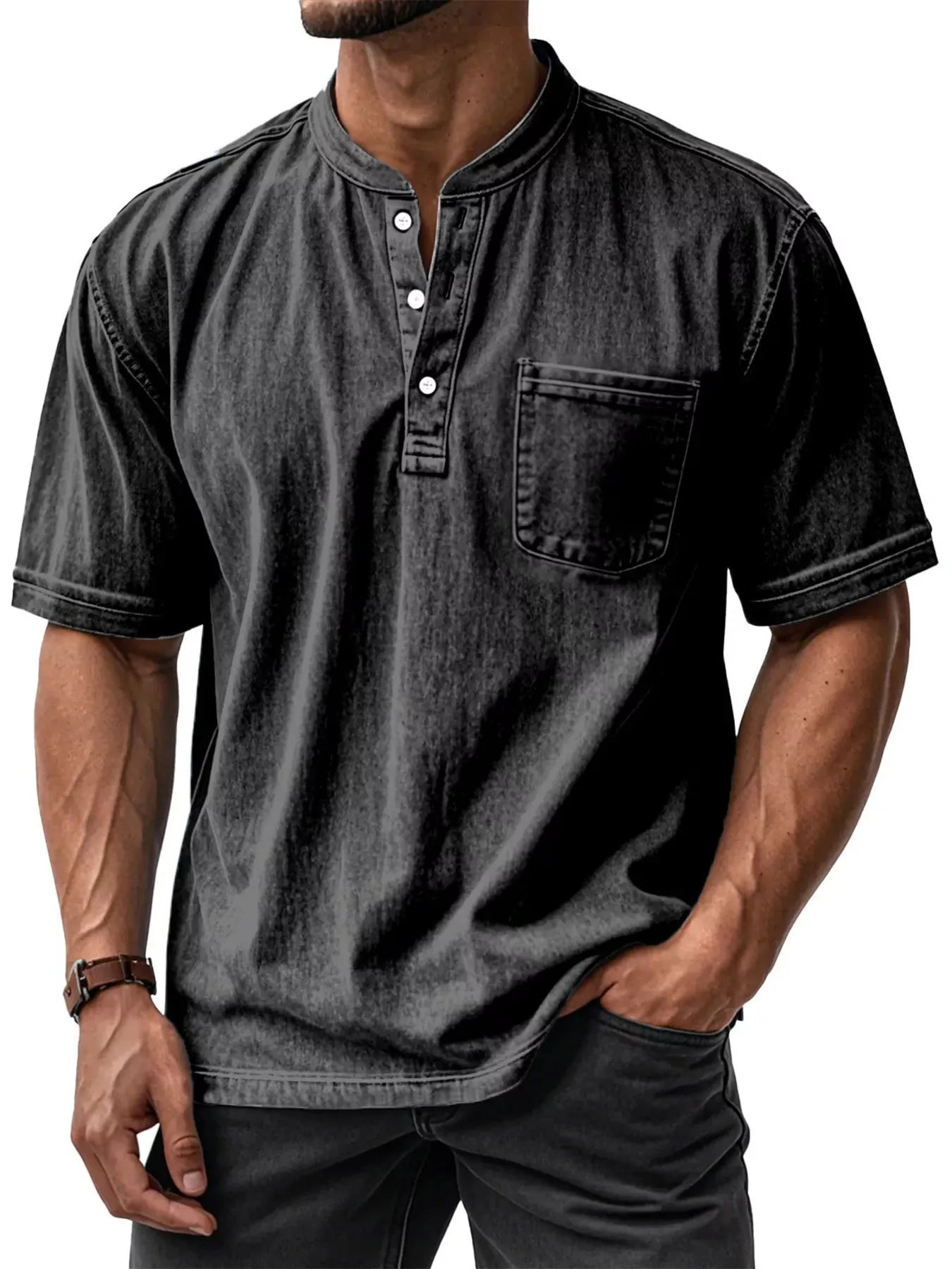 NEWYORKLISTED ATLAS MEN'S COLLECTION: Man wearing a black short-sleeve henley shirt with a pocket on a white background