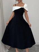 NEWYORKLISTED STYLE COLLECTION: Asymmetrical Neck Contrast Midi Dress – Bold, Sleek & Sophisticated