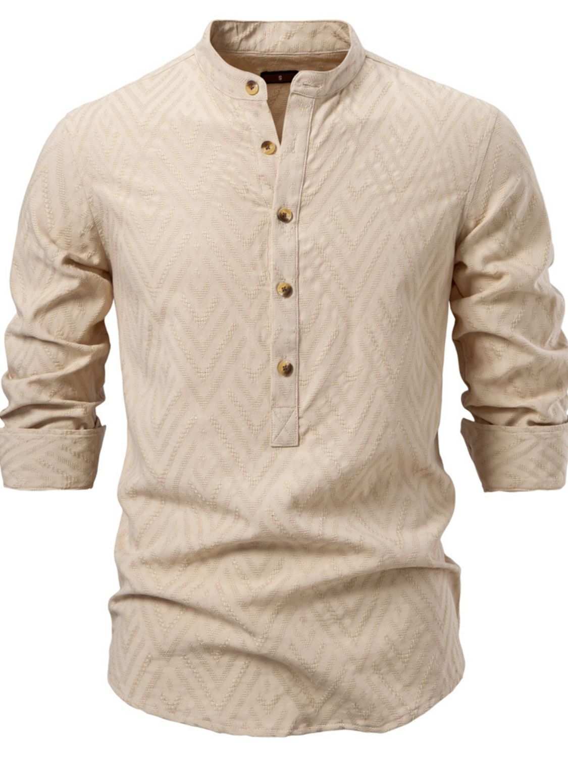 NEWYORKLISTED ATLAS MEN’S COLLECTION: Men's Half Button Geometric Texture Collared Neck Shirt in Khaki 