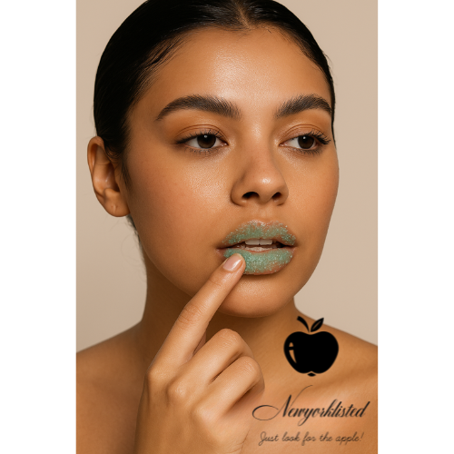 A beautiful young woman with glowing skin and glossy natural makeup gently applies NEWYORKLISTED mint-green lip scrub to her lips using her fingertip. The image features soft, modern lighting with a clean beige background and the NEWYORKLISTED logo elegantly displayed at the bottom, creating a chic, luxury beauty ad aesthetic.