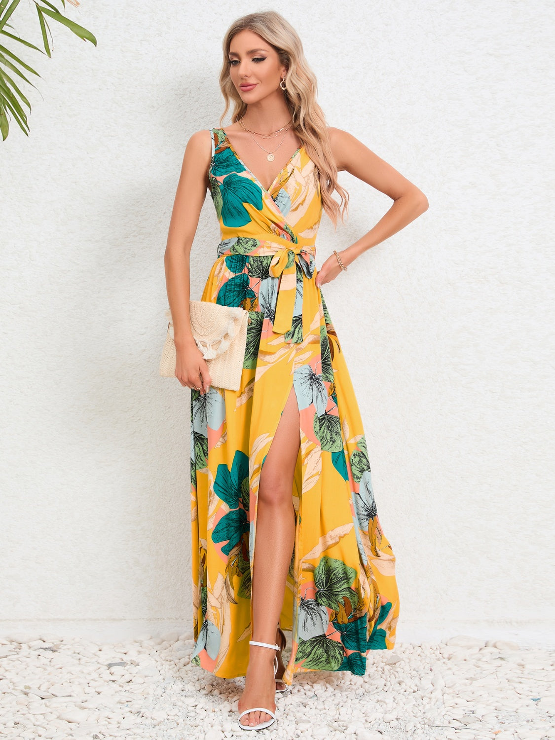 Slit Tied Printed Surplice Dress - NEWYORKLISTED