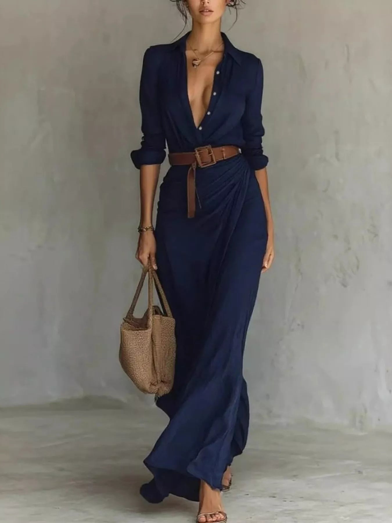 Women's Long Dress Maxi Dress Shirt Dress Modern Daily Outdoor Going Out Regular Fit Plain Long Sleeve Shirt Collar Black White Navy Blue Khaki Spring