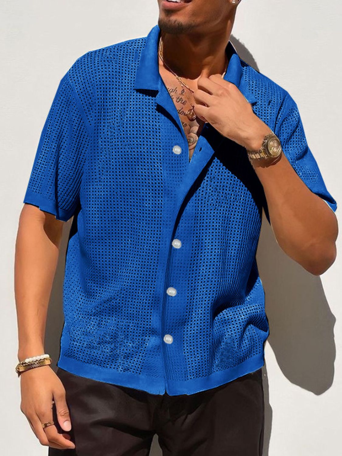 NEWYORKLISTED ATLAS MEN’S COLLECTION: Men’s Full Size Openwork Button Down Collared Neck Shirt – Breezy Sophistication for Every Size in Blue