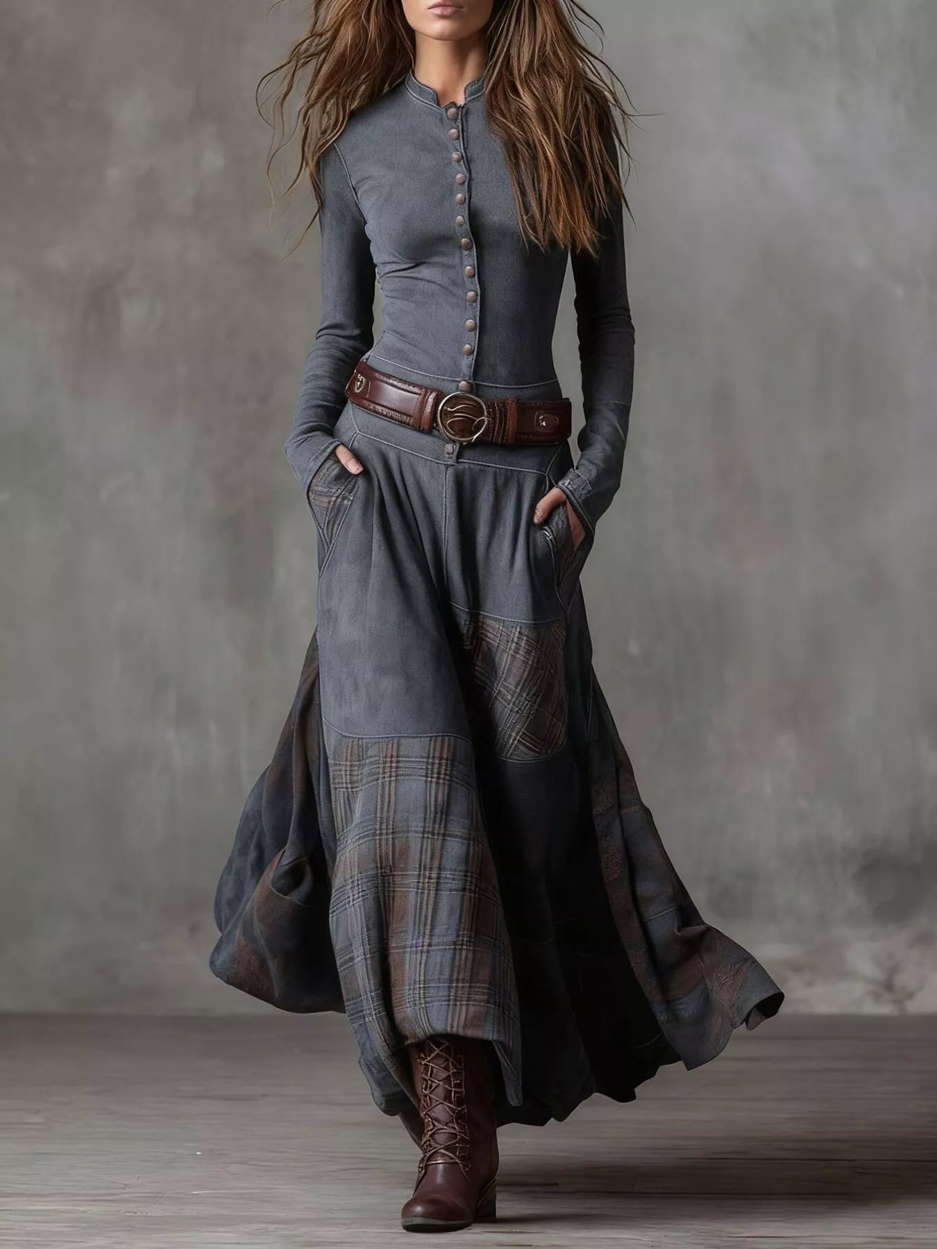NEWYORKLISTED Style Collection: Woman wearing a long, dark gray dress with plaid pattern and brown belt against a gray background