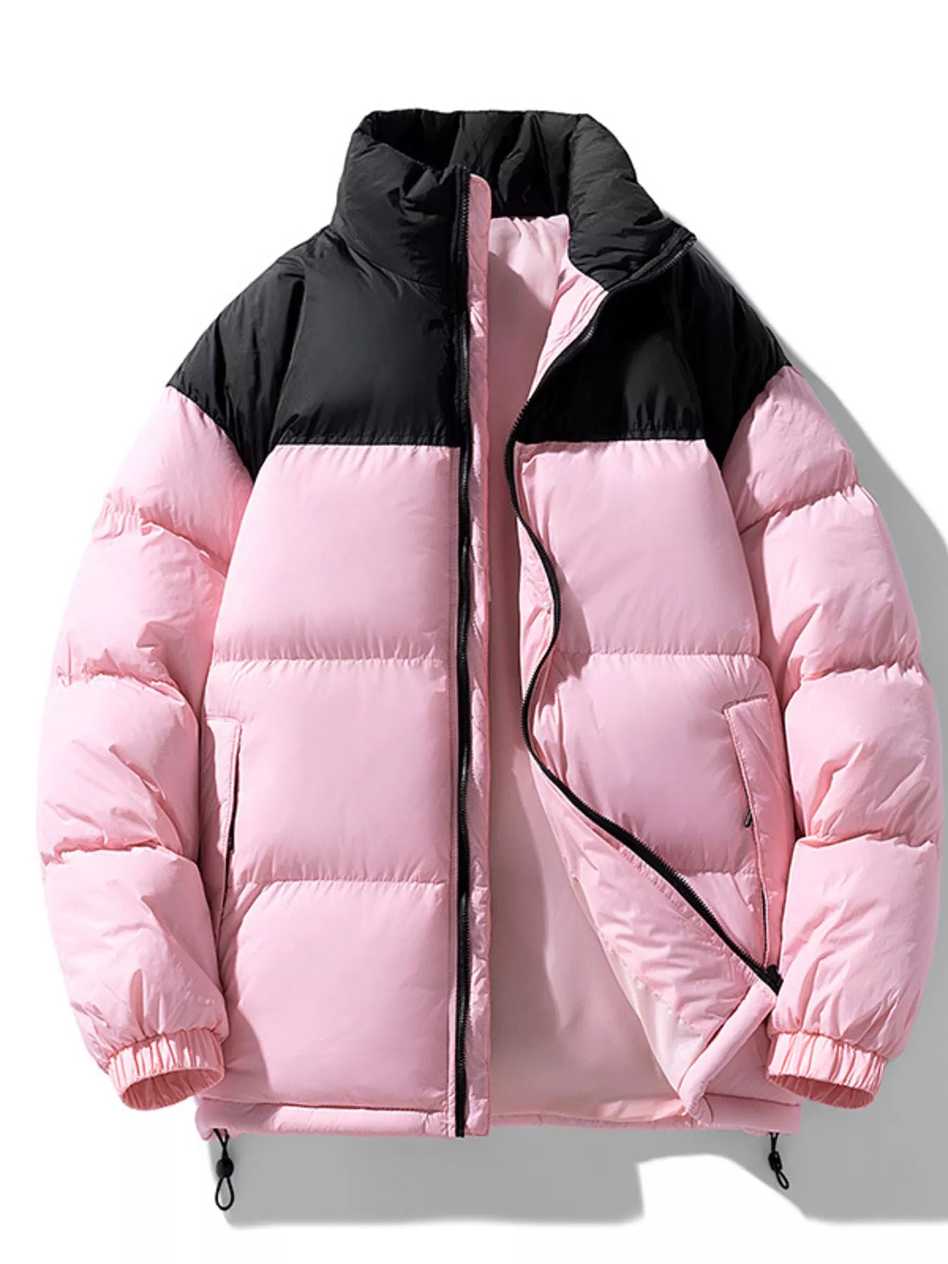 NEWYORKLISTED ATLAS MEN’S COLLECTION: Pink and black puffer jacket on a white background
