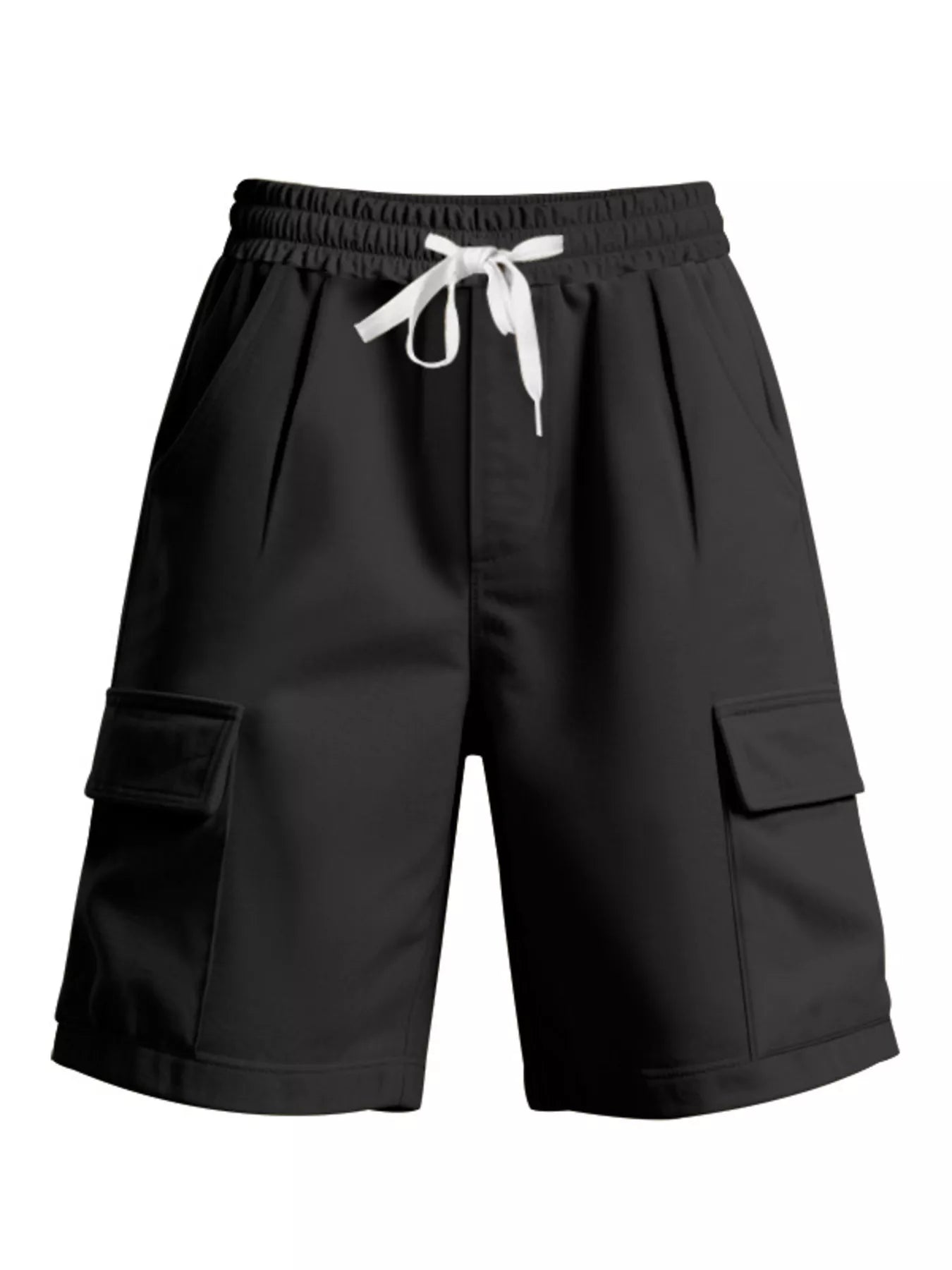 NEWYORKLISTED ATLAS MEN'S COLLECTION: Black cargo shorts with white drawstring on a white background