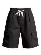 NEWYORKLISTED ATLAS MEN'S COLLECTION: Black cargo shorts with white drawstring on a white background