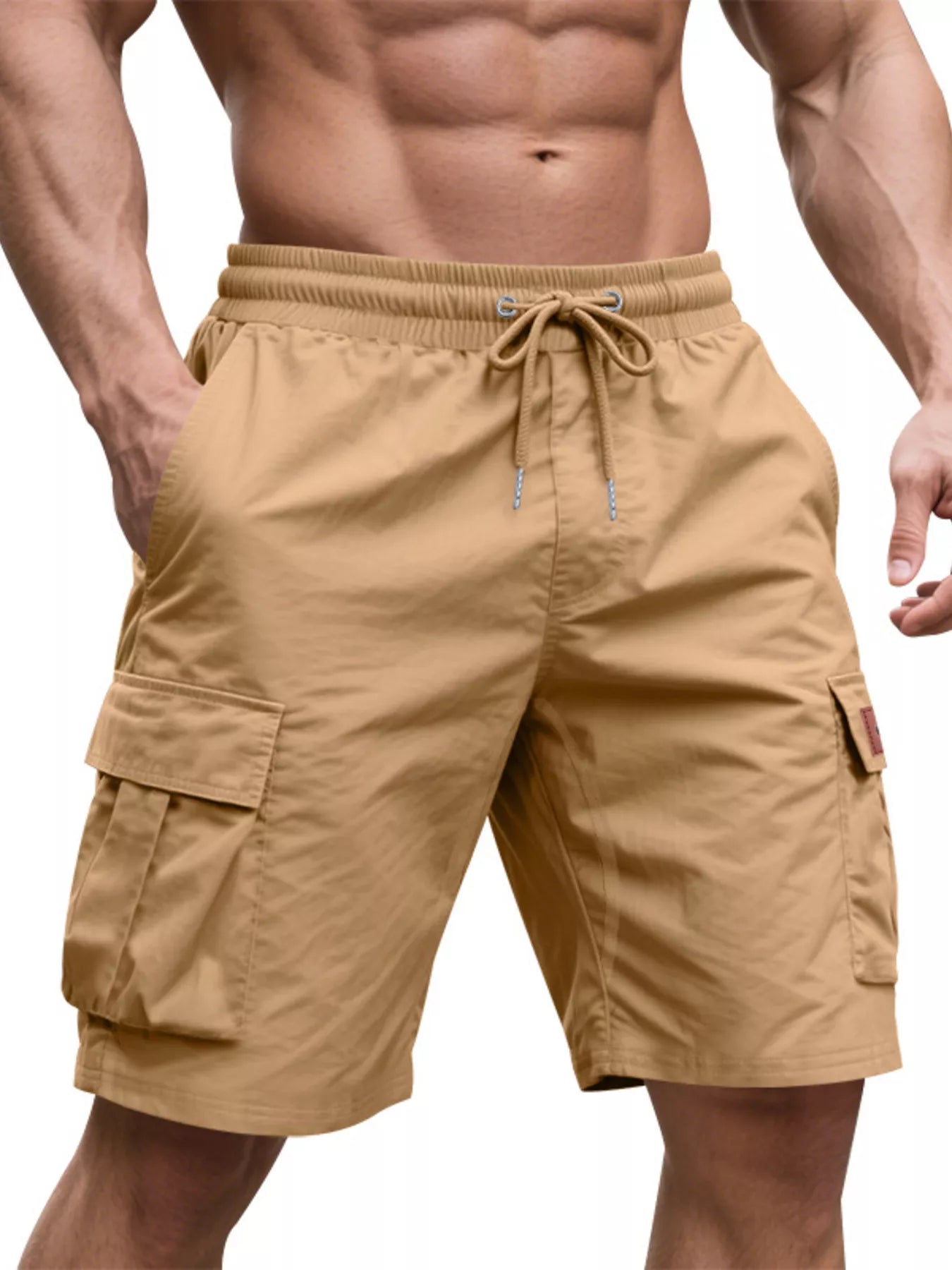 NEWYORKLISTED ATLAS MEN'S COLLECTION: Tan cargo shorts worn by a person on a white background
