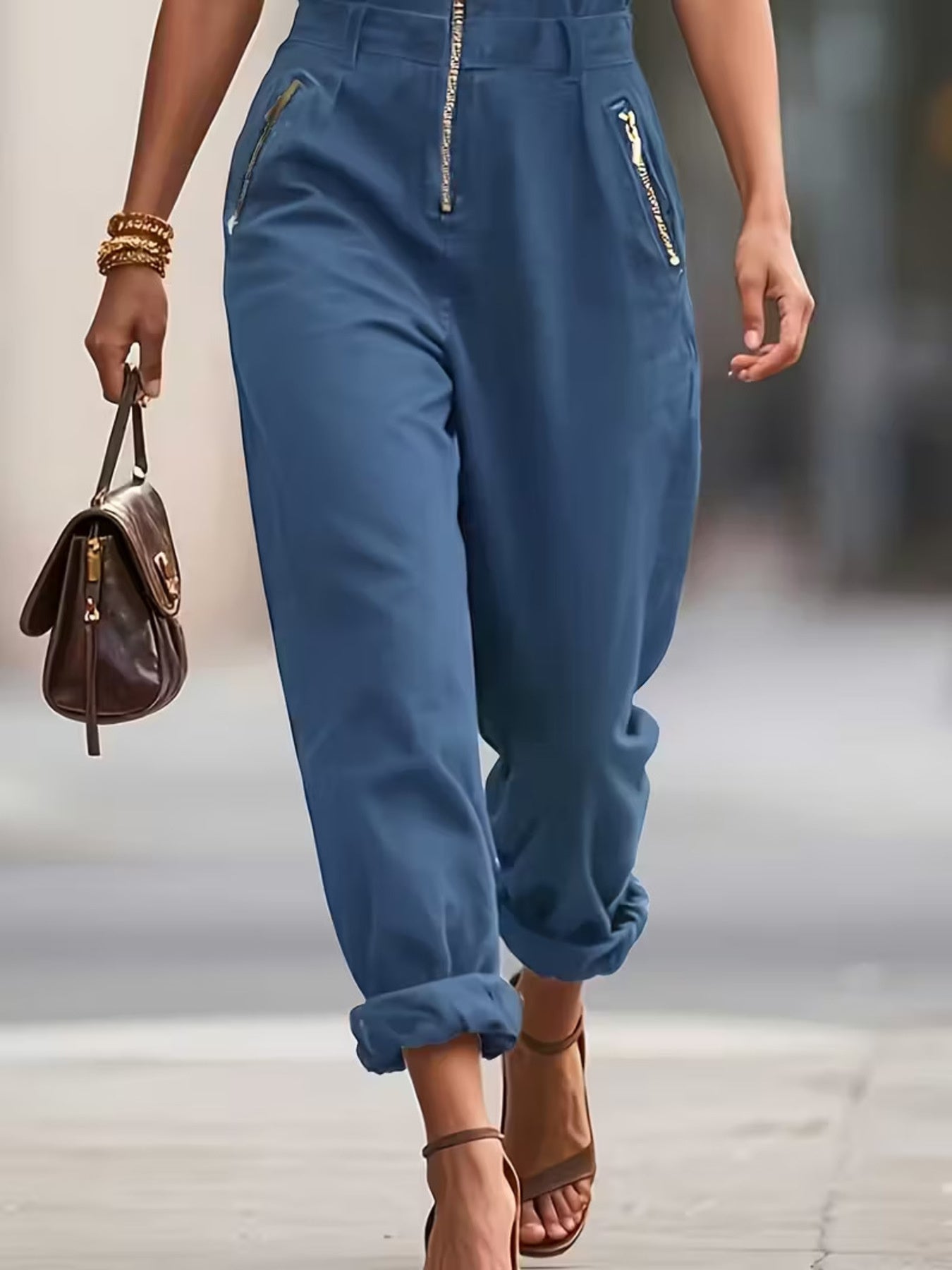 NEWYORKLISTED STYLE COLLECTION: Person wearing blue pants with zippers, holding a brown handbag on a blurred background