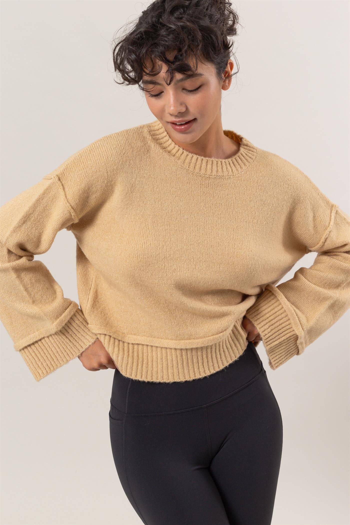 NEWYORKLISTED STYLE COLLECTION: Round Neck Dropped Shoulder Ribbed Sweater - NEWYORKLISTED