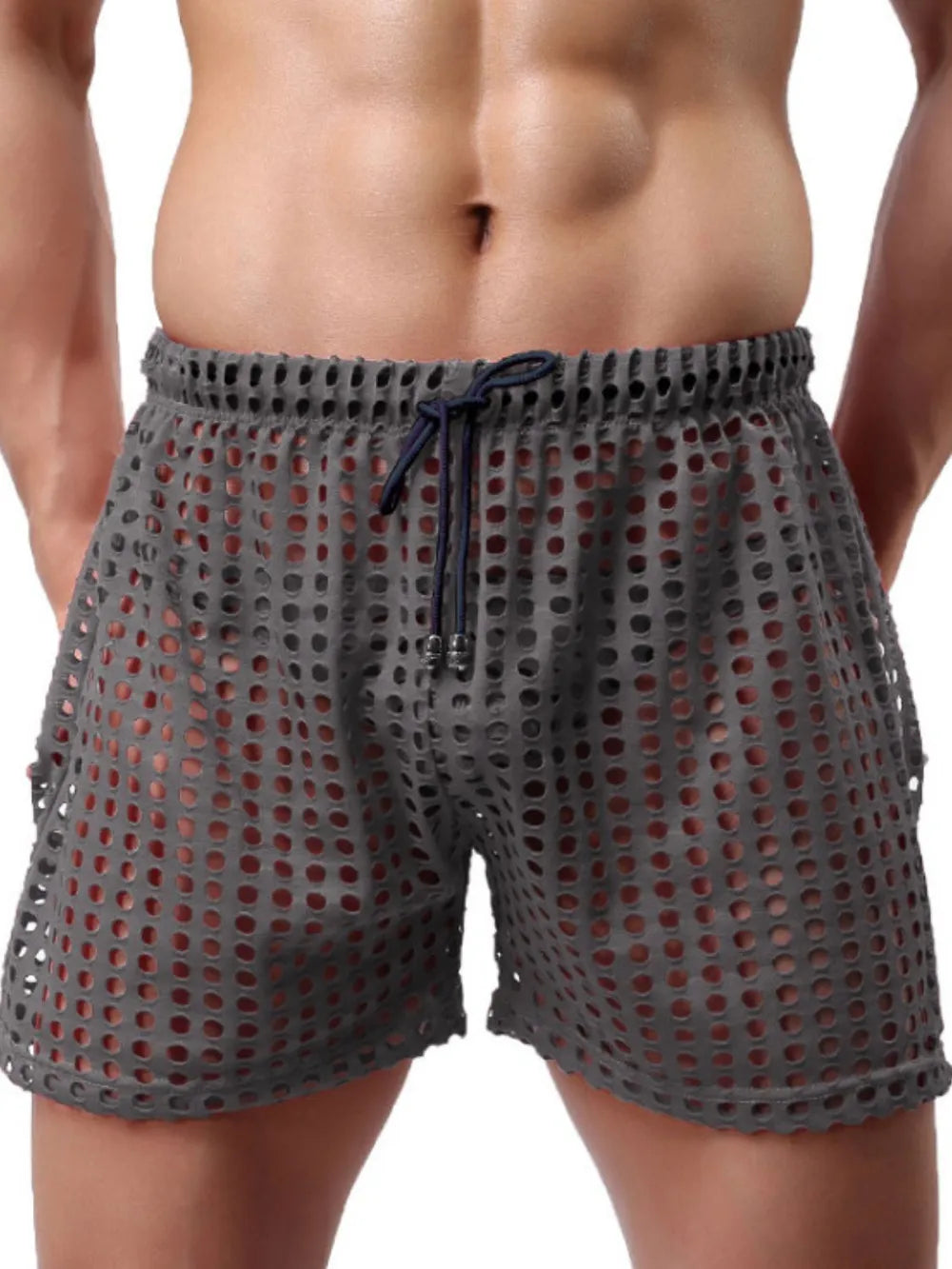 NEWYORKLISTED ATLAS MEN'S COLLECTION: Gray mesh shorts worn by a person on a white background