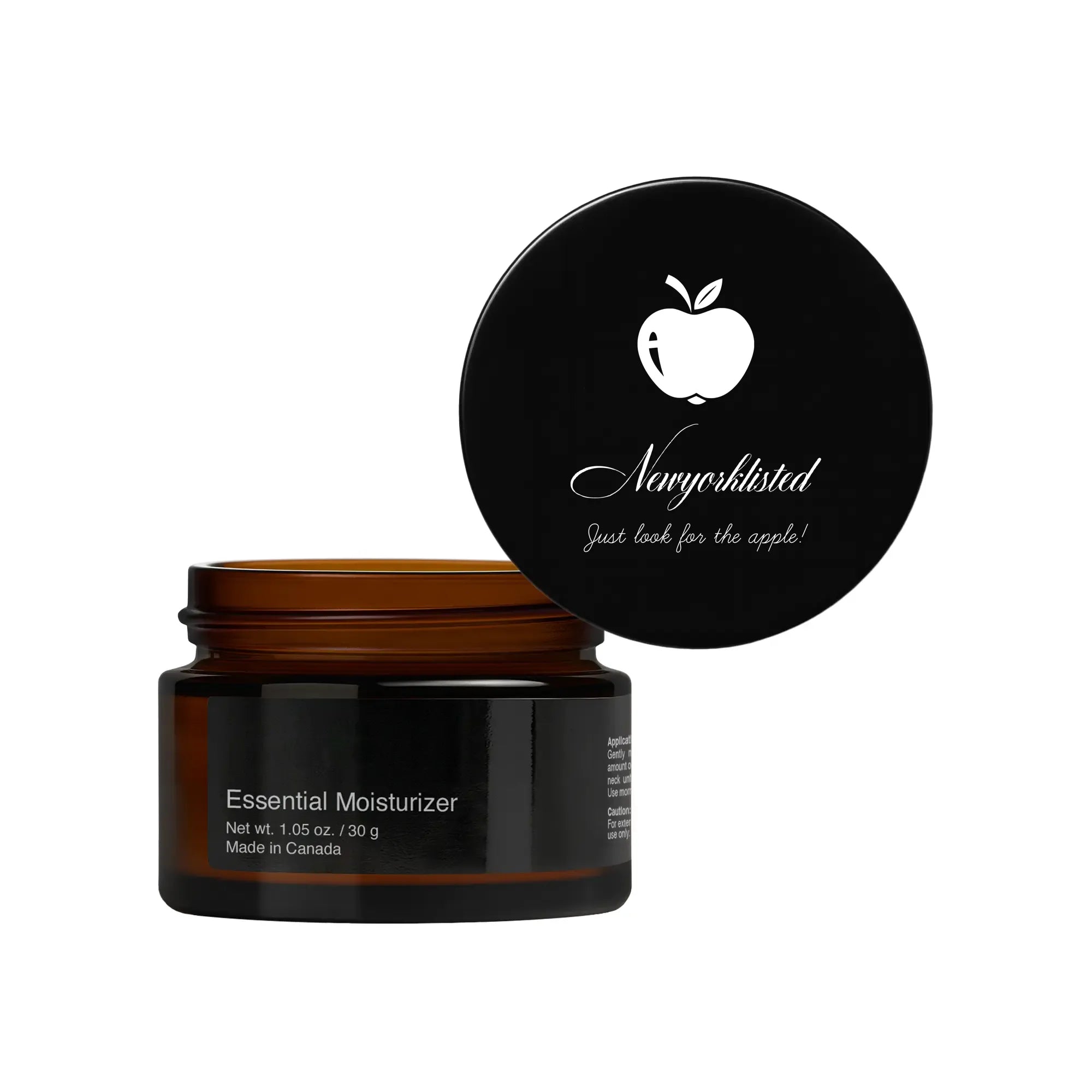 NEWYORKLISTED COSMETIC COLLECTION: Essential Moisturizer - Fresh aloe, Black jar of essential moisturizer with a black lid featuring the NEWYORKLISTED.COM logo on a white background