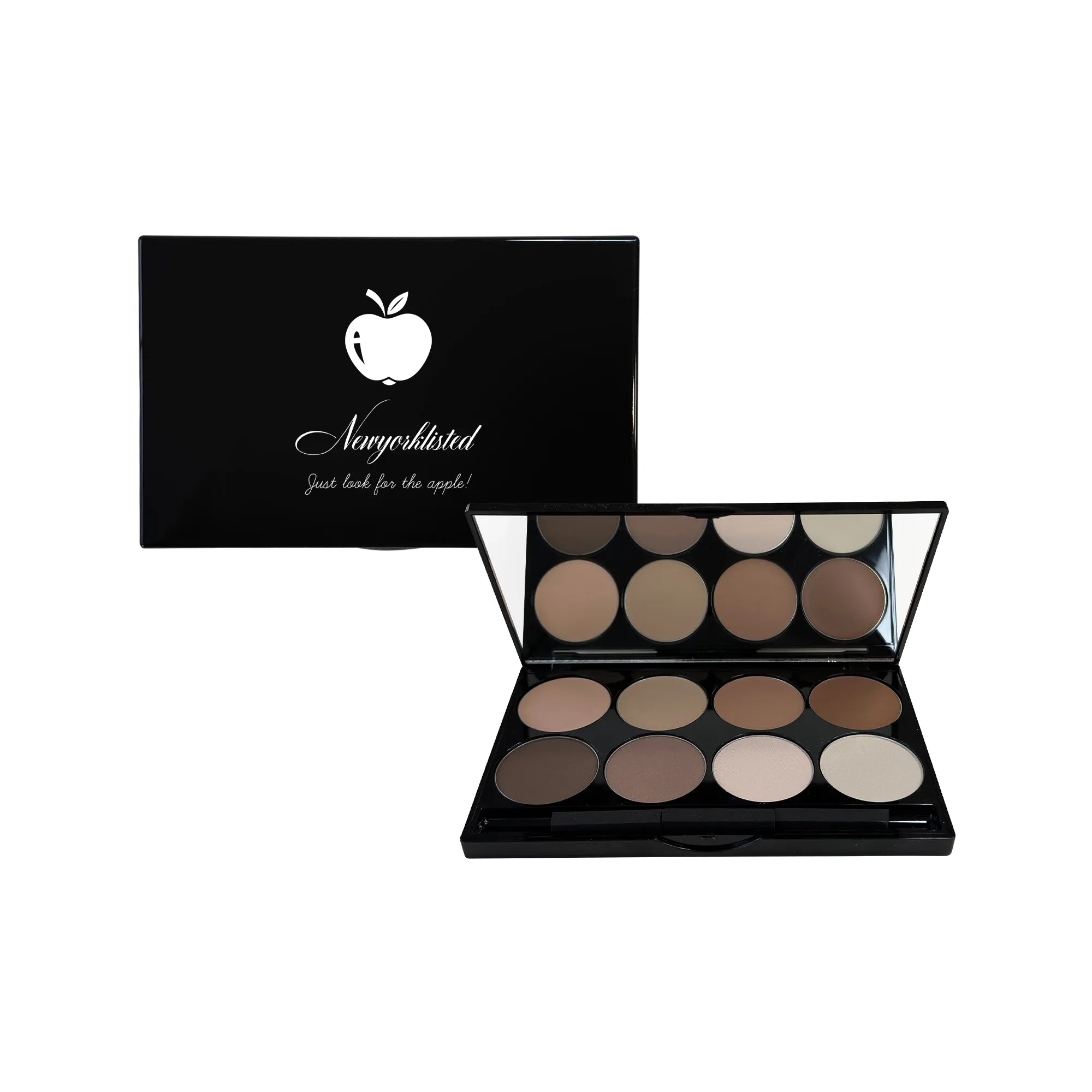 NEWYORKLISTED Cosmetic Collection: Ultimate Contour Makeup palette with shades of brown and beige, open and closed, on a white background.
