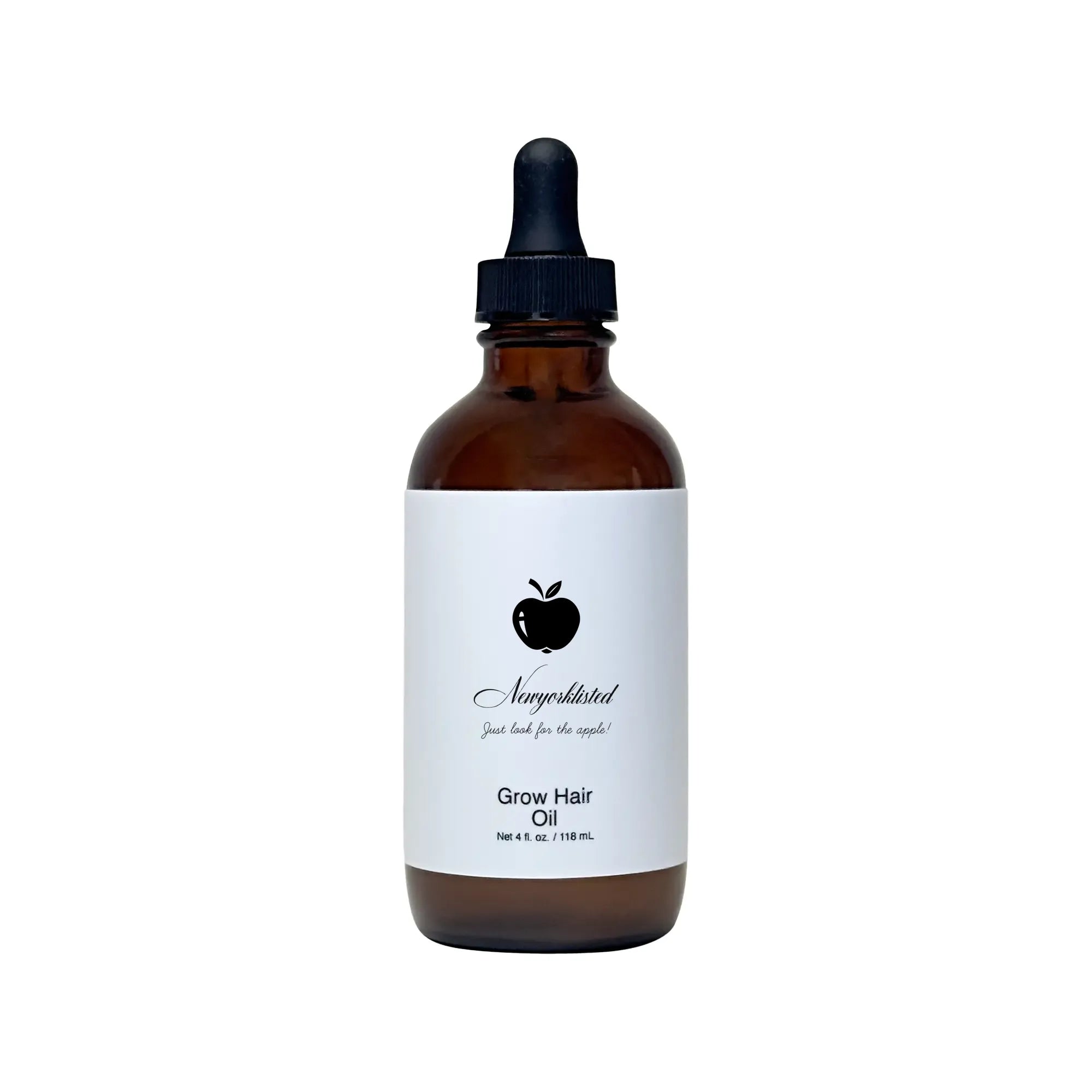 NEWYORKLISTED COSMETIC COLLECTION: Grow Hair Oil, Brown glass bottle with dropper labeled 'Grow Hair Oil' on a white background