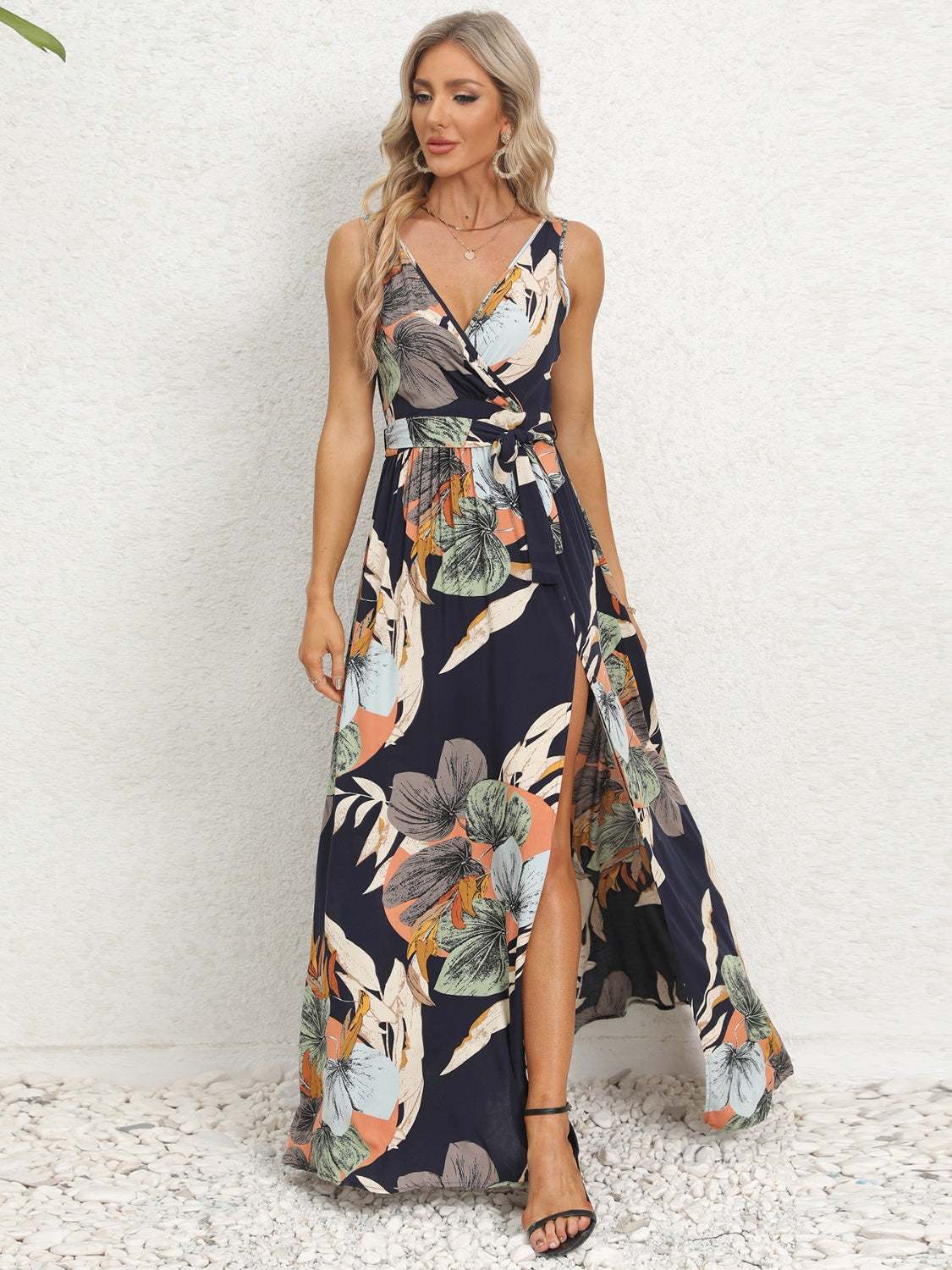 Slit Tied Printed Surplice Dress - NEWYORKLISTED
