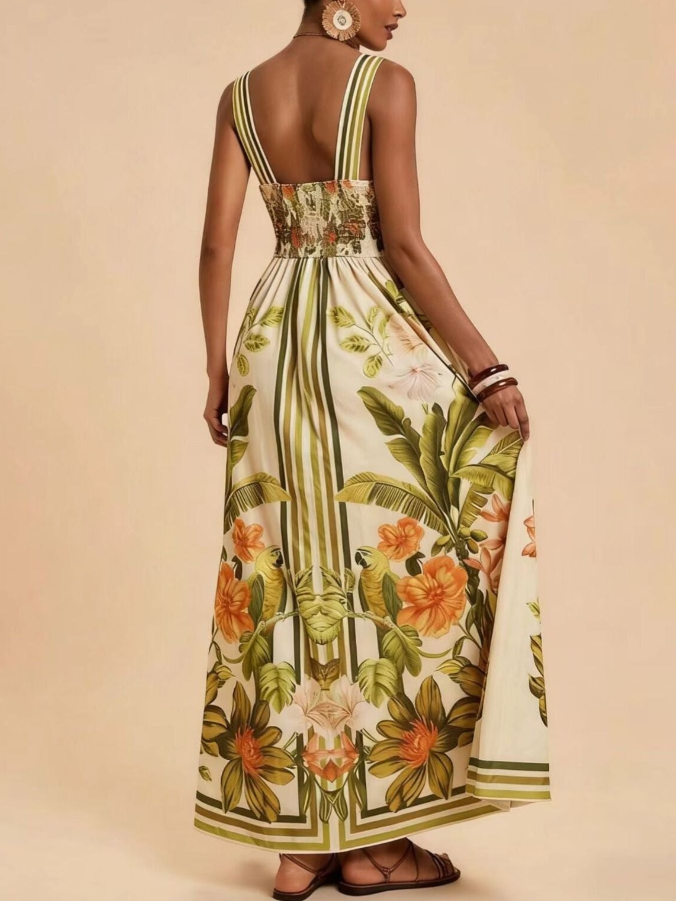 NEWYORKLISTED STYLE COLLECTION: Woman wearing a floral dress with a beige background