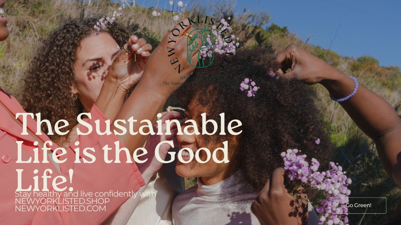 AMLA NATURALS - NEWYORKLISTED Natural Curl Care Products, Two women with flowers in their hair against a natural background with text about sustainability.