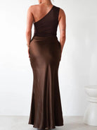 Brown one-shoulder dress on a white background